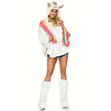 Front view of multicolor llama poncho costume with face hood and pom-pom wrap - Golddiggers Boutique