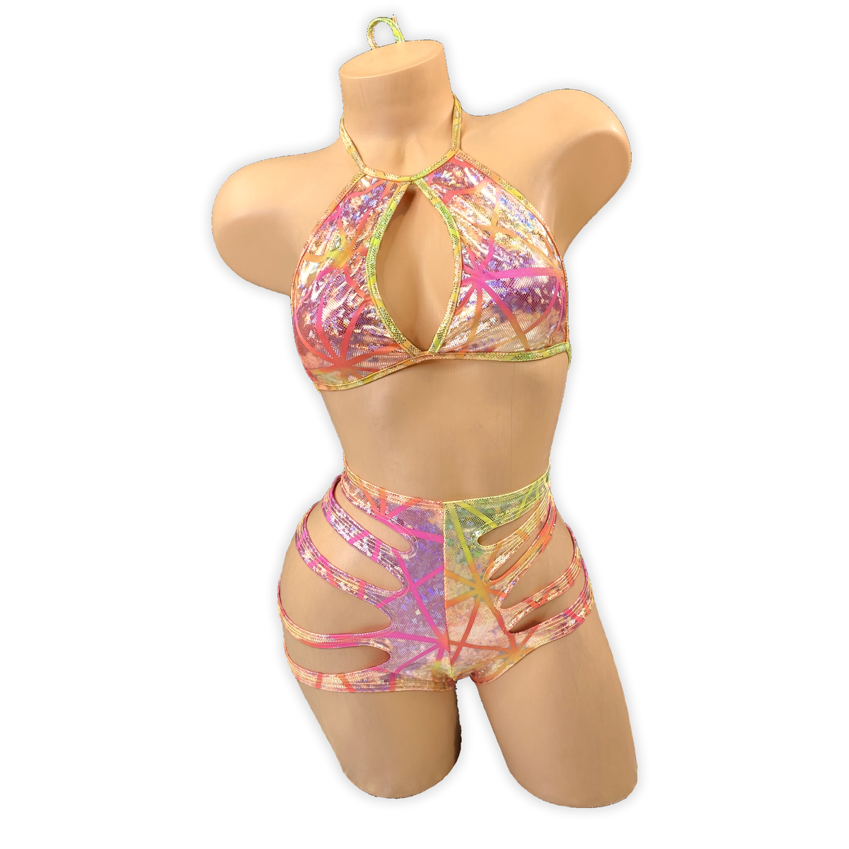 Front of the Multicolor Rio holo set with a keyhole halter top and high-waist cutout shorts