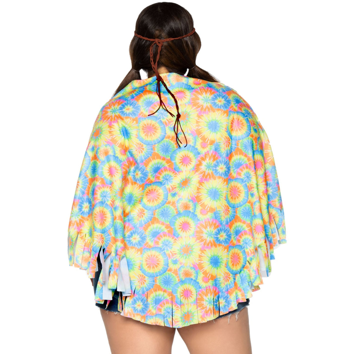 Close-up back view of multicolor tie-dye hippie fringe poncho costume with braided head piece - Golddiggers Boutique