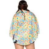 Close-up back view of multicolor tie-dye hippie fringe poncho costume with braided head piece - Golddiggers Boutique