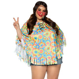 Close-up front view of multicolor tie-dye hippie fringe poncho costume with braided head piece - Golddiggers Boutique