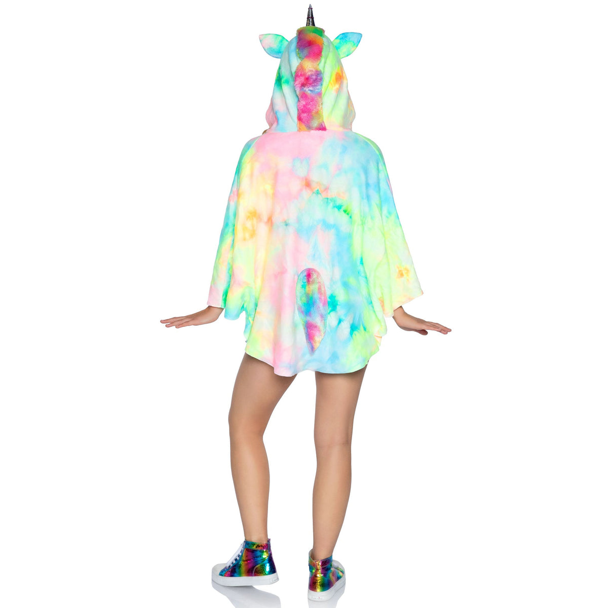 Back view of multicolor tie-dye unicorn poncho costume with horn hood and tail - Golddiggers Boutique