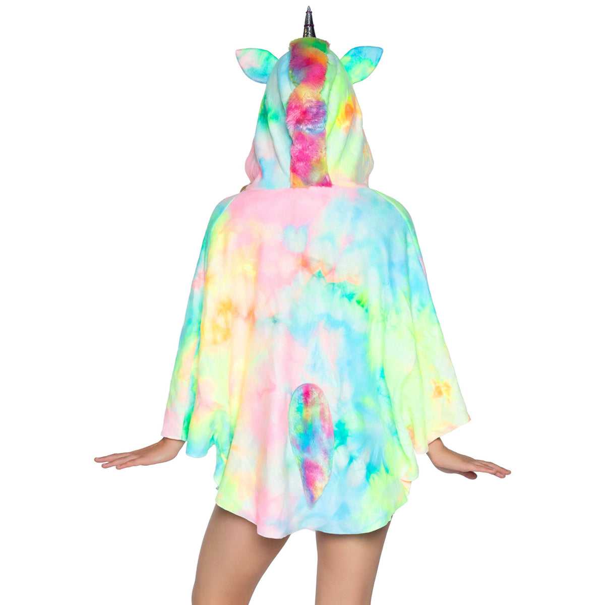 Close-up back view of multicolor tie-dye unicorn poncho costume with horn hood and tail - Golddiggers Boutique