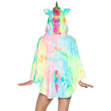 Close-up back view of multicolor tie-dye unicorn poncho costume with horn hood and tail - Golddiggers Boutique