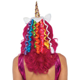 Close-up back view of multicolor unicorn headband with gold horn and curly rainbow mane - Golddiggers Boutique