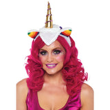Close-up front view of multicolor unicorn headband with gold horn and curly rainbow mane - Golddiggers Boutique
