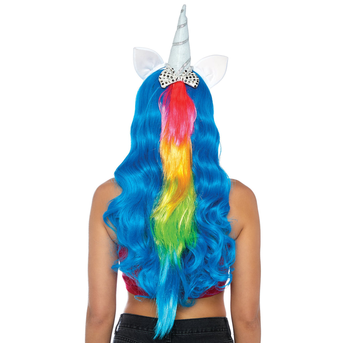 Close-up back view of multicolor unicorn headband with silver horn and long rainbow mane - Golddiggers Boutique