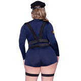Close back view of plus size navy blue police costume zip-up romper with hat and handcuffs - Golddiggers Boutique