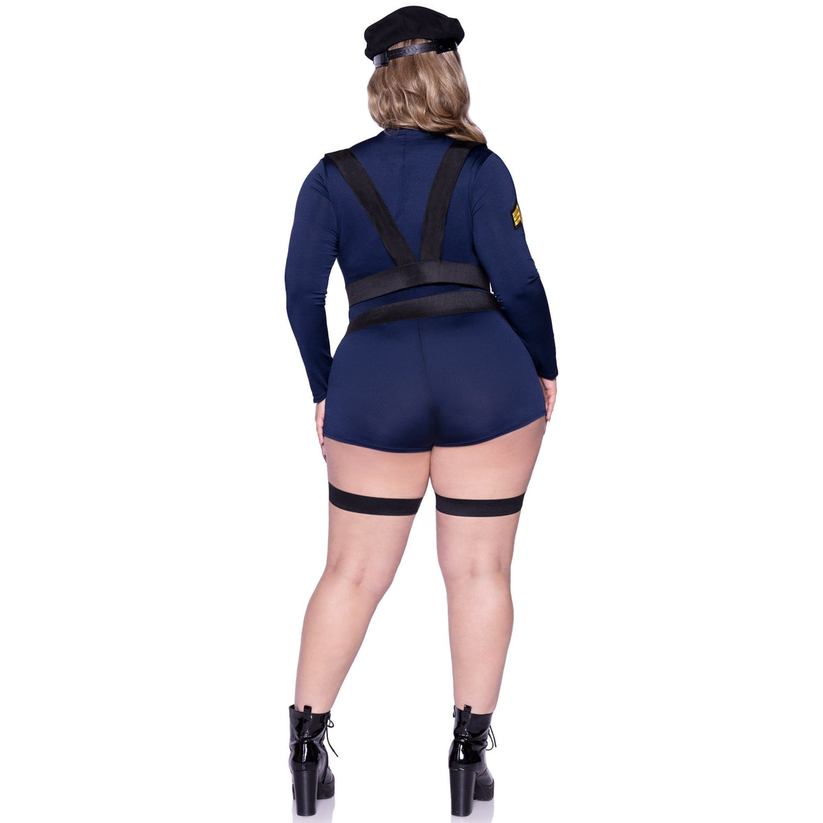 Back view of plus size navy blue police costume zip-up romper with hat and handcuffs - Golddiggers Boutique