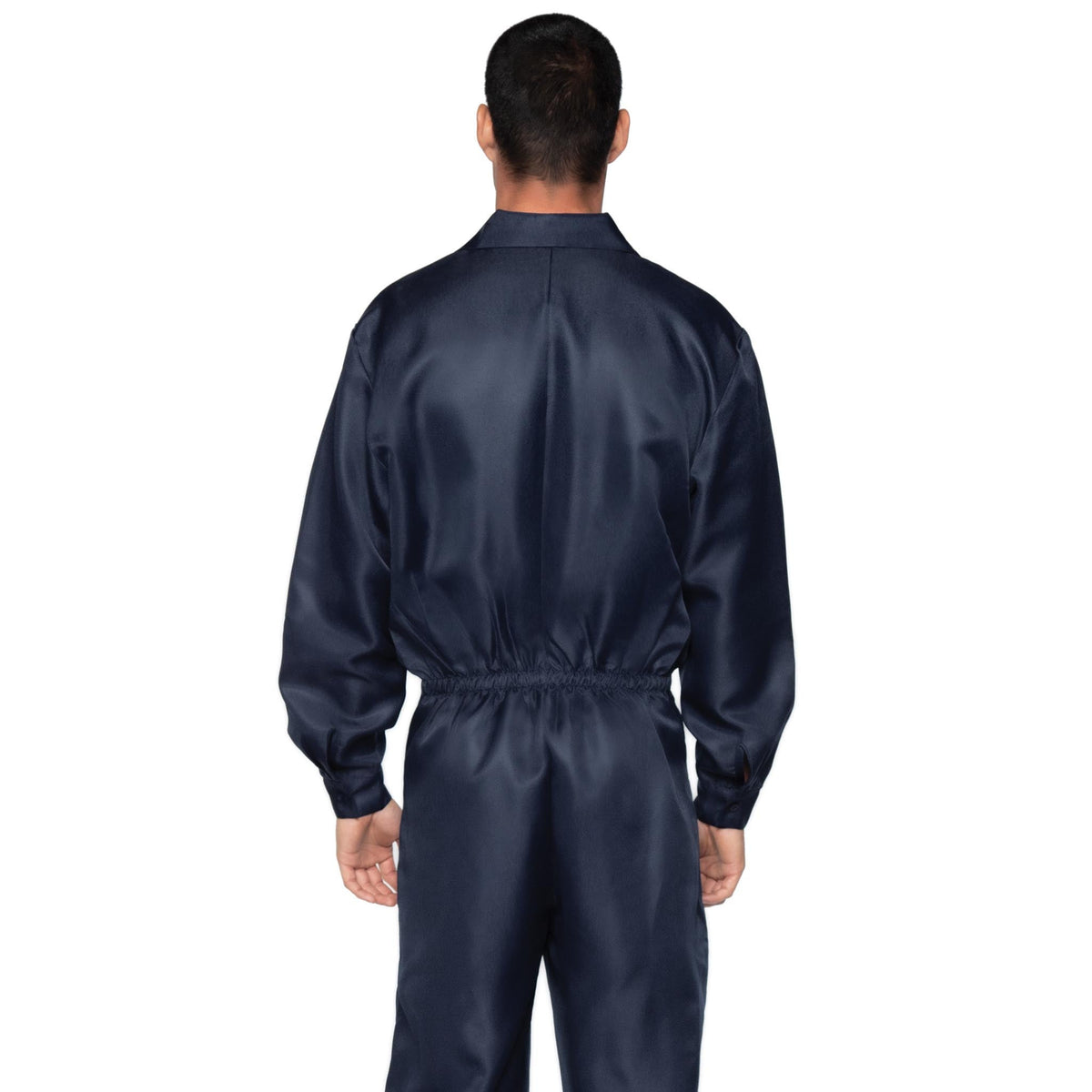 Close-up back view of navy men's coverall jumpsuit costume - Golddiggers Boutique