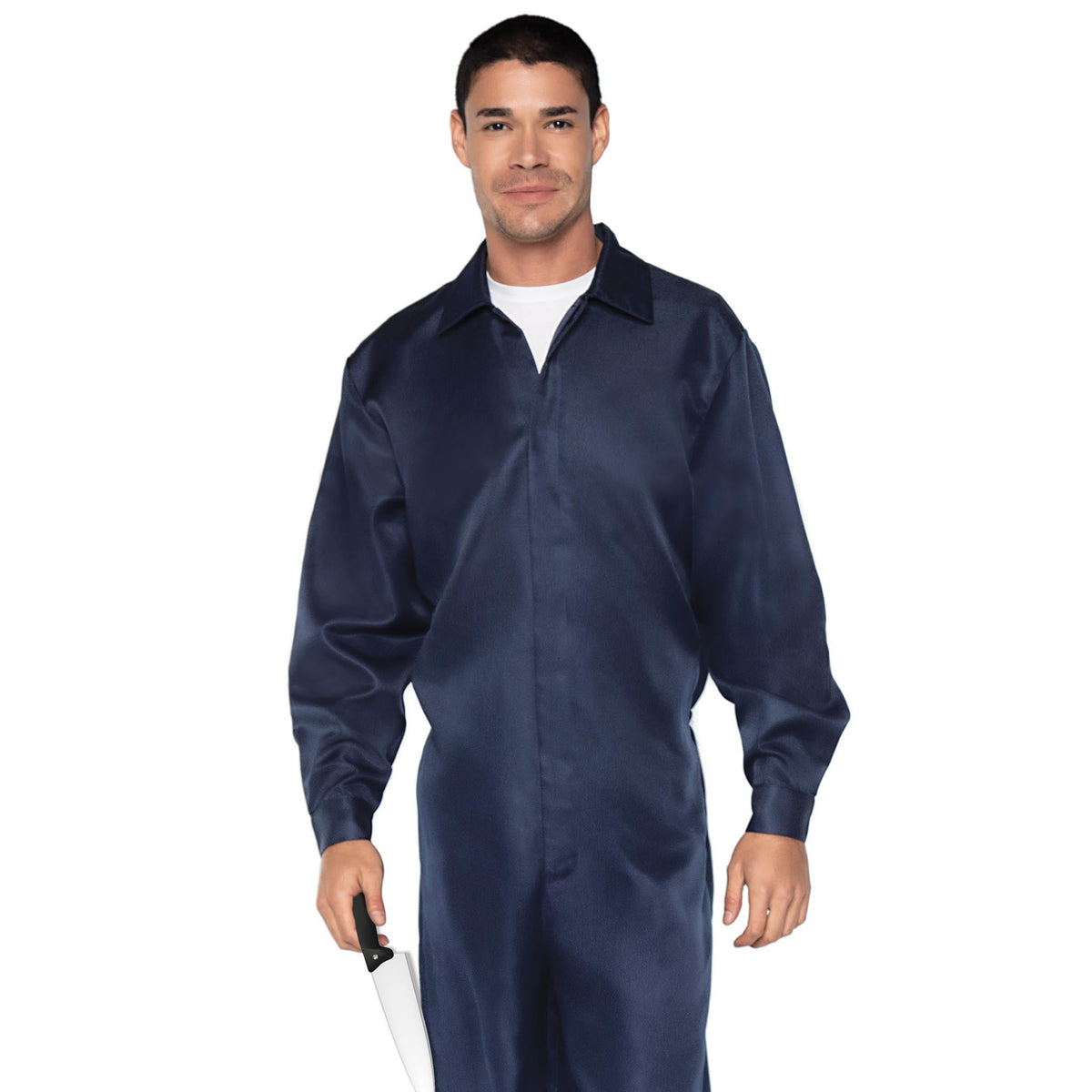 Close-up front view of navy men's coverall jumpsuit costume - Golddiggers Boutique