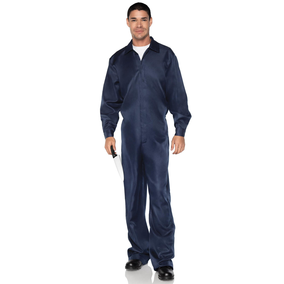 Front view of navy men's coverall jumpsuit costume - Golddiggers Boutique