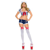 Front pose of navy and white pin-up sailor costume with striped crop top and hat - Golddiggers Boutique