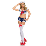 Front view of navy and white pin-up sailor costume with striped crop top and hat - Golddiggers Boutique
