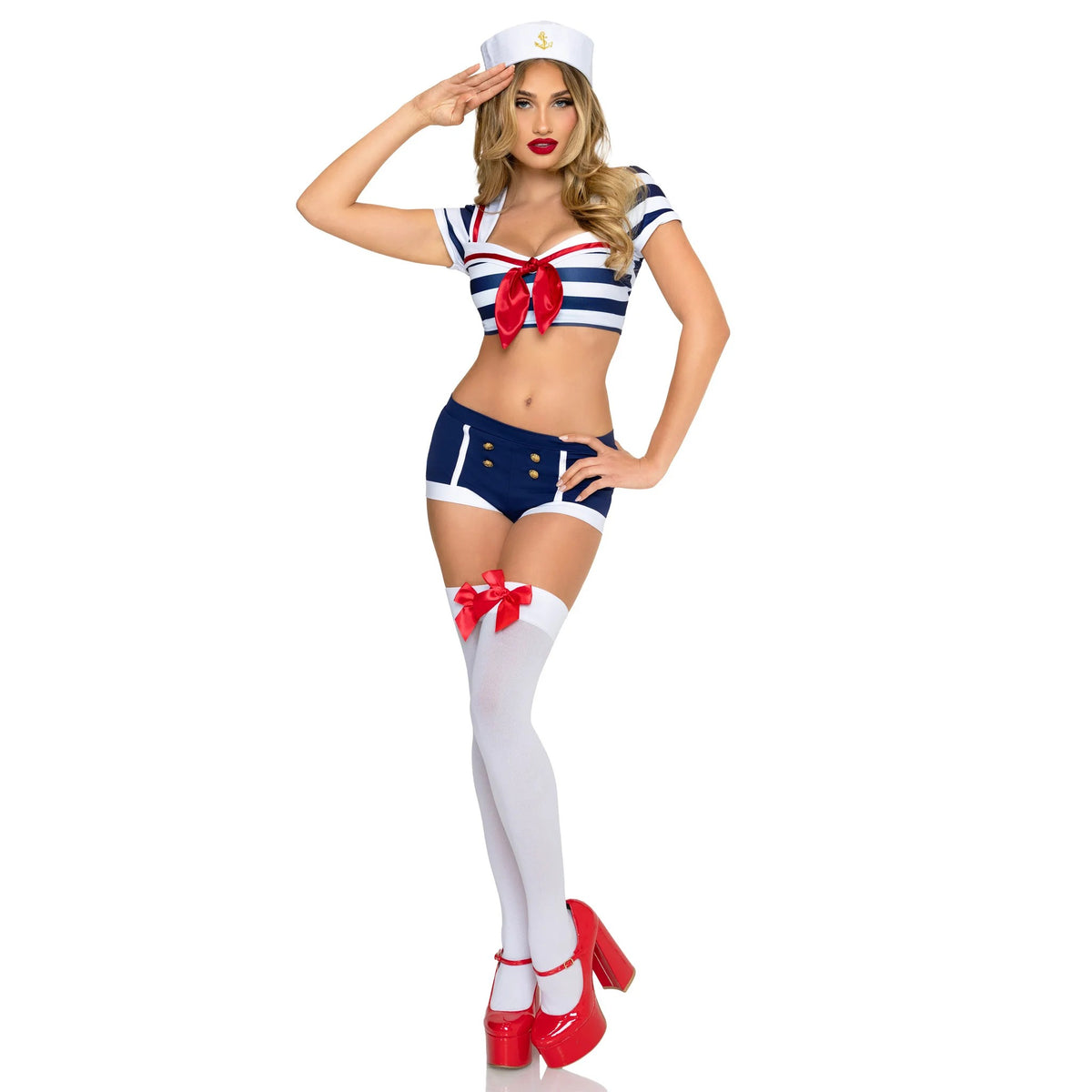 Front view of navy and white pin-up sailor costume with striped crop top and hat - Golddiggers Boutique