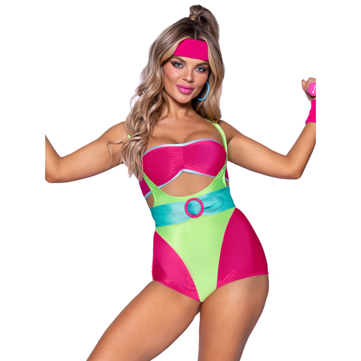 Close front view of neon pink and green 80s workout costume with romper and headband - Golddiggers Boutique