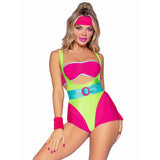 Close front pose of neon pink and green 80s workout costume with romper and headband - Golddiggers Boutique