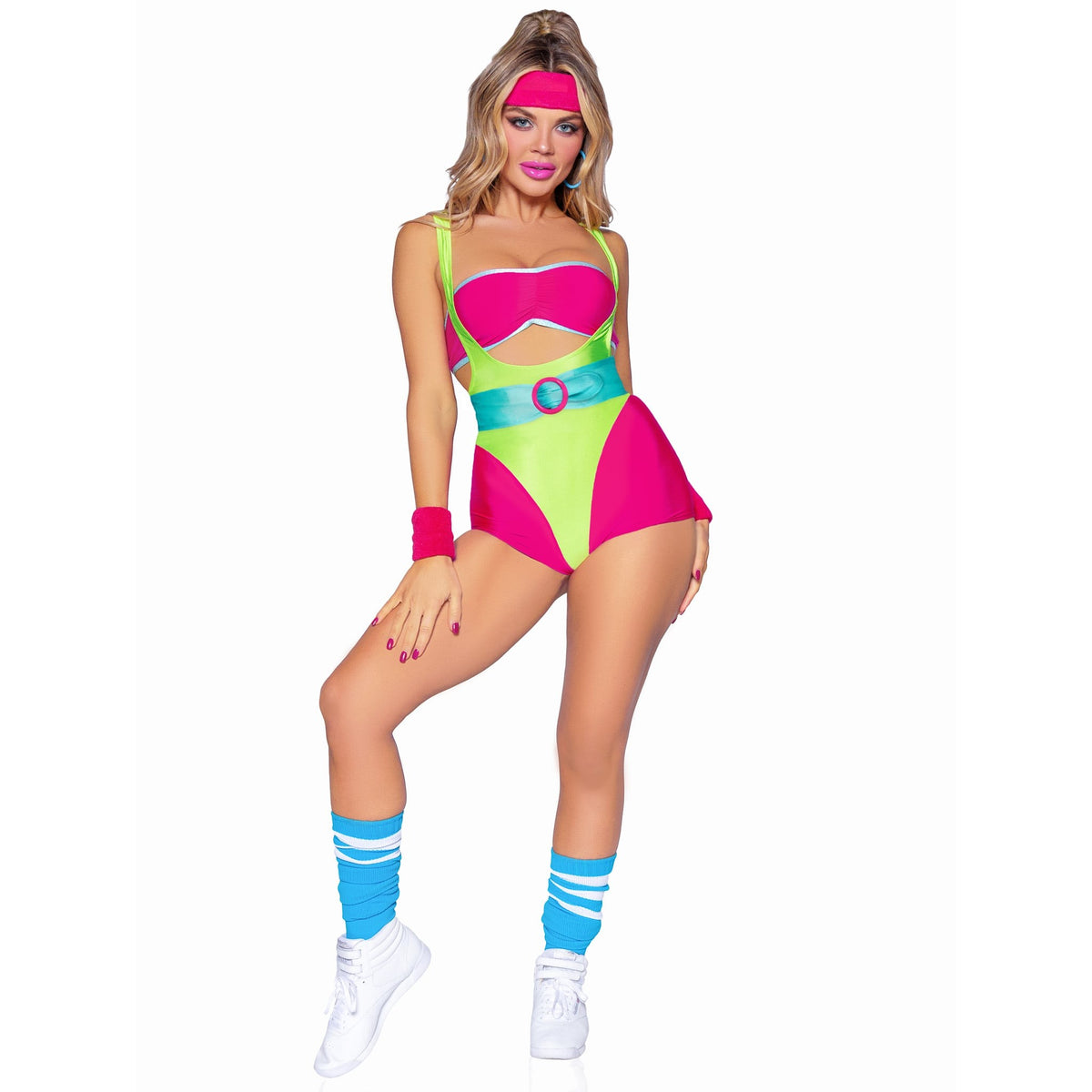 Front pose of neon pink and green 80s workout costume with romper and headband - Golddiggers Boutique