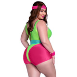 Close back view of plus size neon pink and green 80s workout costume with romper and headband - Golddiggers Boutique