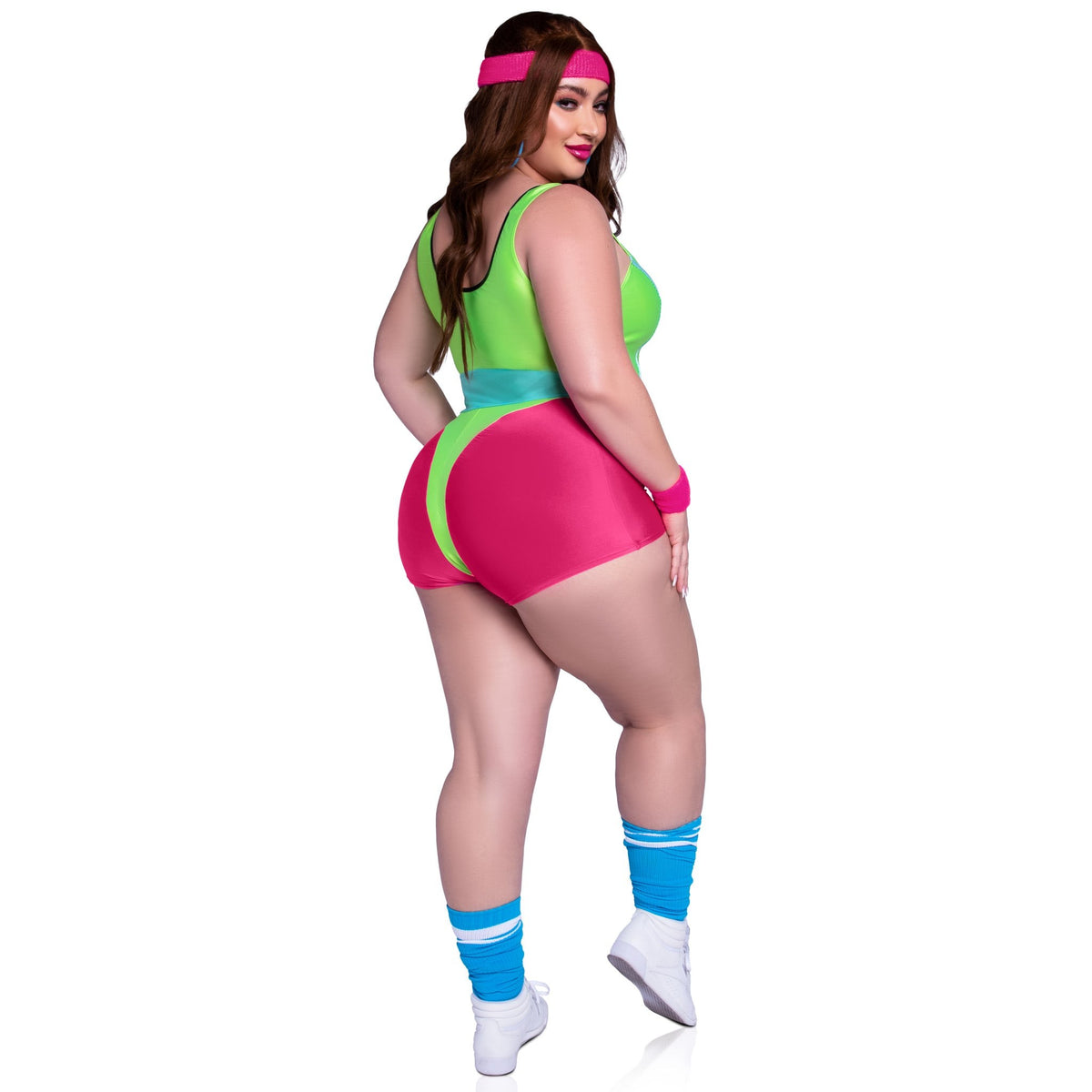Back view of plus size neon pink and green 80s workout costume with romper and headband - Golddiggers Boutique