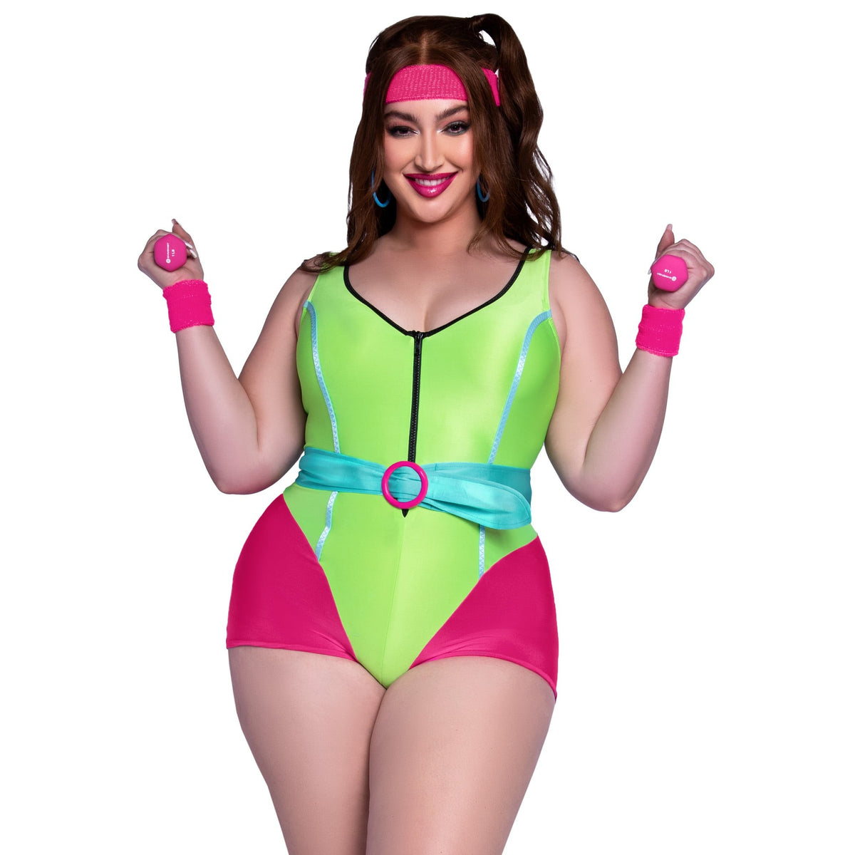 Close front view of plus size neon pink and green 80s workout costume with romper and headband - Golddiggers Boutique