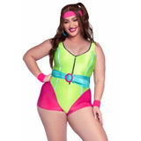 Close front pose of plus size neon pink and green 80s workout costume with romper and headband - Golddiggers Boutique