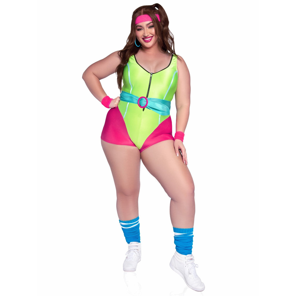 Front pose of plus size neon pink and green 80s workout costume with romper and headband - Golddiggers Boutique