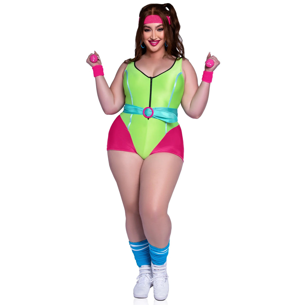 Front view of plus size neon pink and green 80s workout costume with romper and headband - Golddiggers Boutique