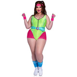 Front view of plus size neon pink and green 80s workout costume with romper and headband - Golddiggers Boutique