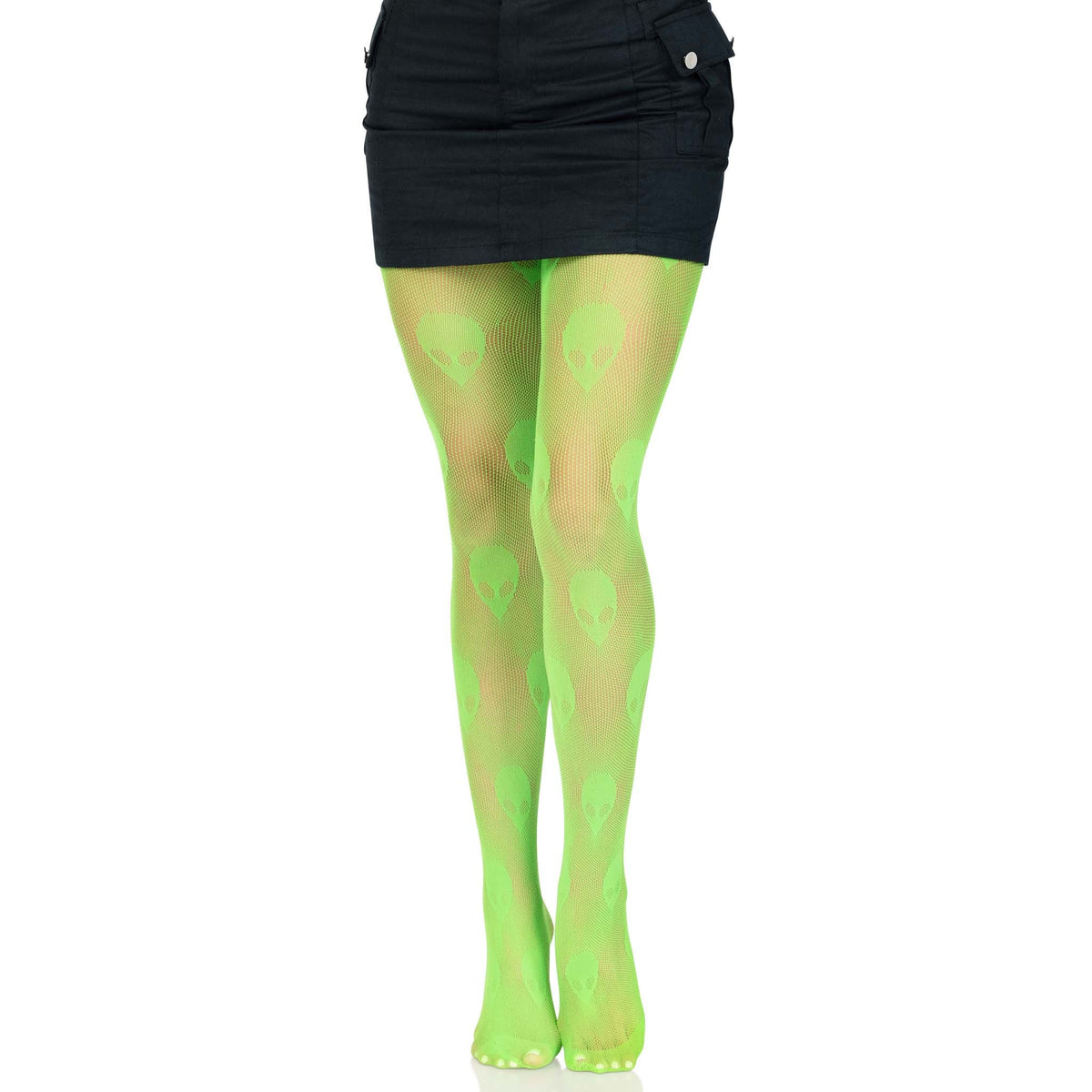 Front view of neon green alien net tights - Golddiggers Boutique