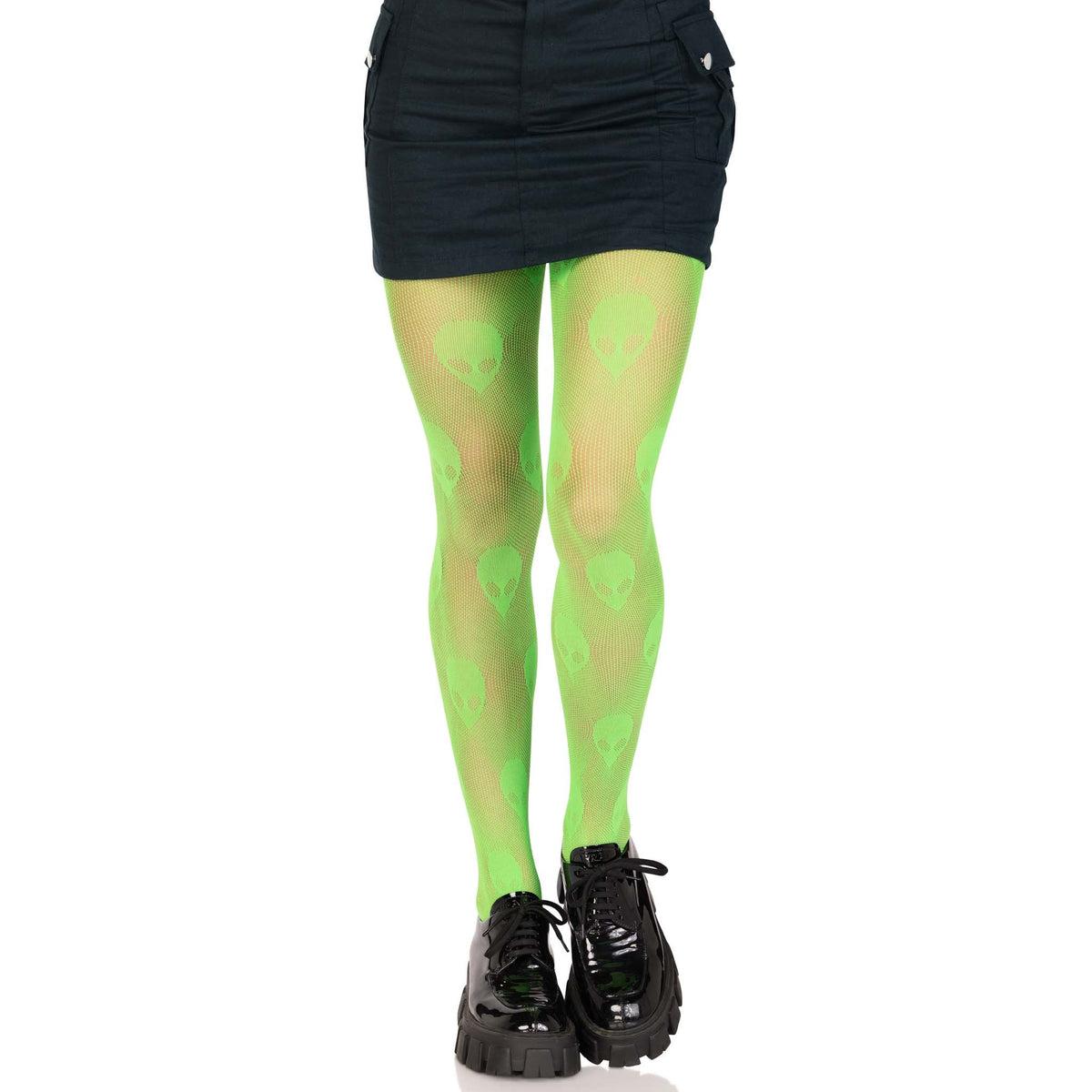 Front view of neon green alien net tights - Golddiggers Boutique