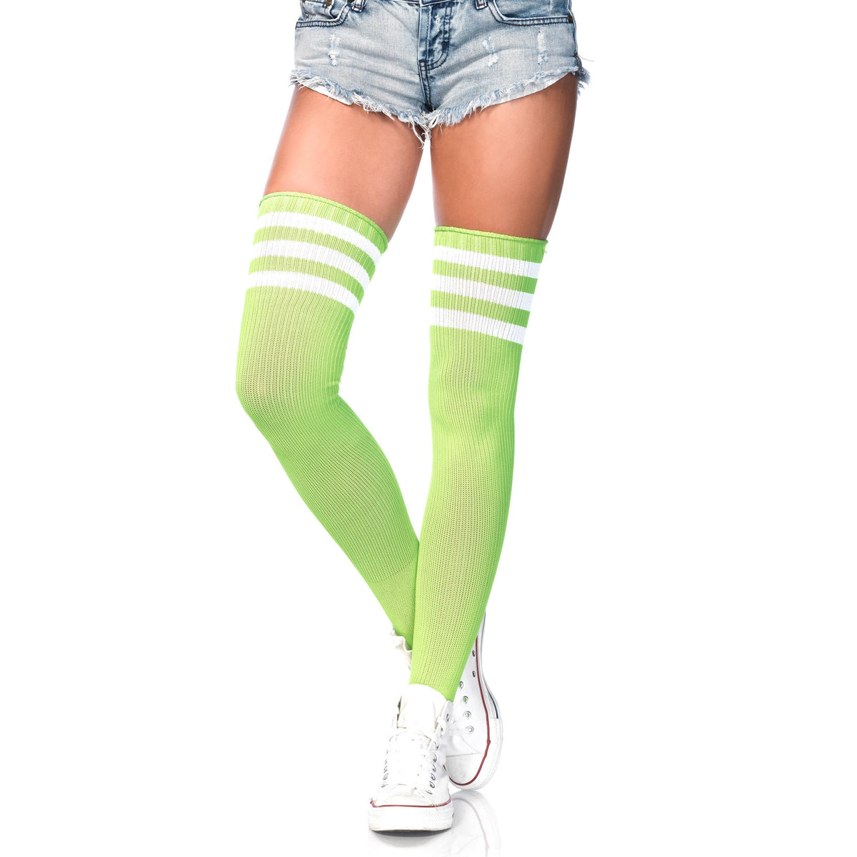 Front view of neon green athletic stripe ribbed thigh high socks - Golddiggers Boutique