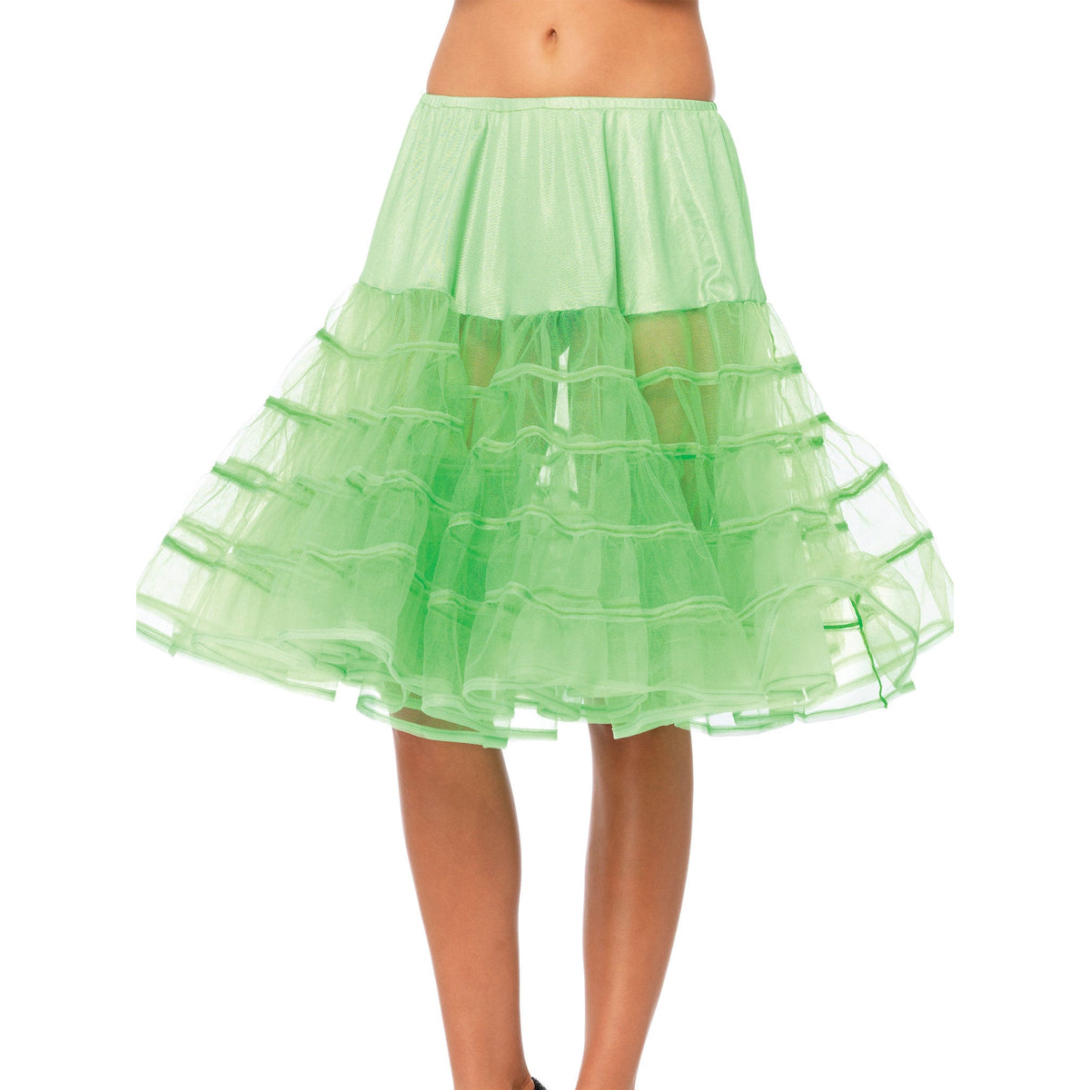 Close-up front view of neon green knee length ruffle petticoat - Golddiggers Boutique
