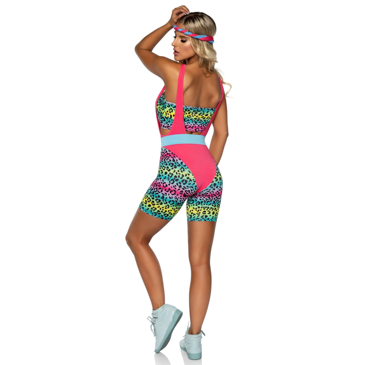 Detail view of neon leopard 80s cardio costume romper - Golddiggers Boutique