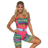 Front view of neon leopard 80s cardio costume romper - Golddiggers Boutique
