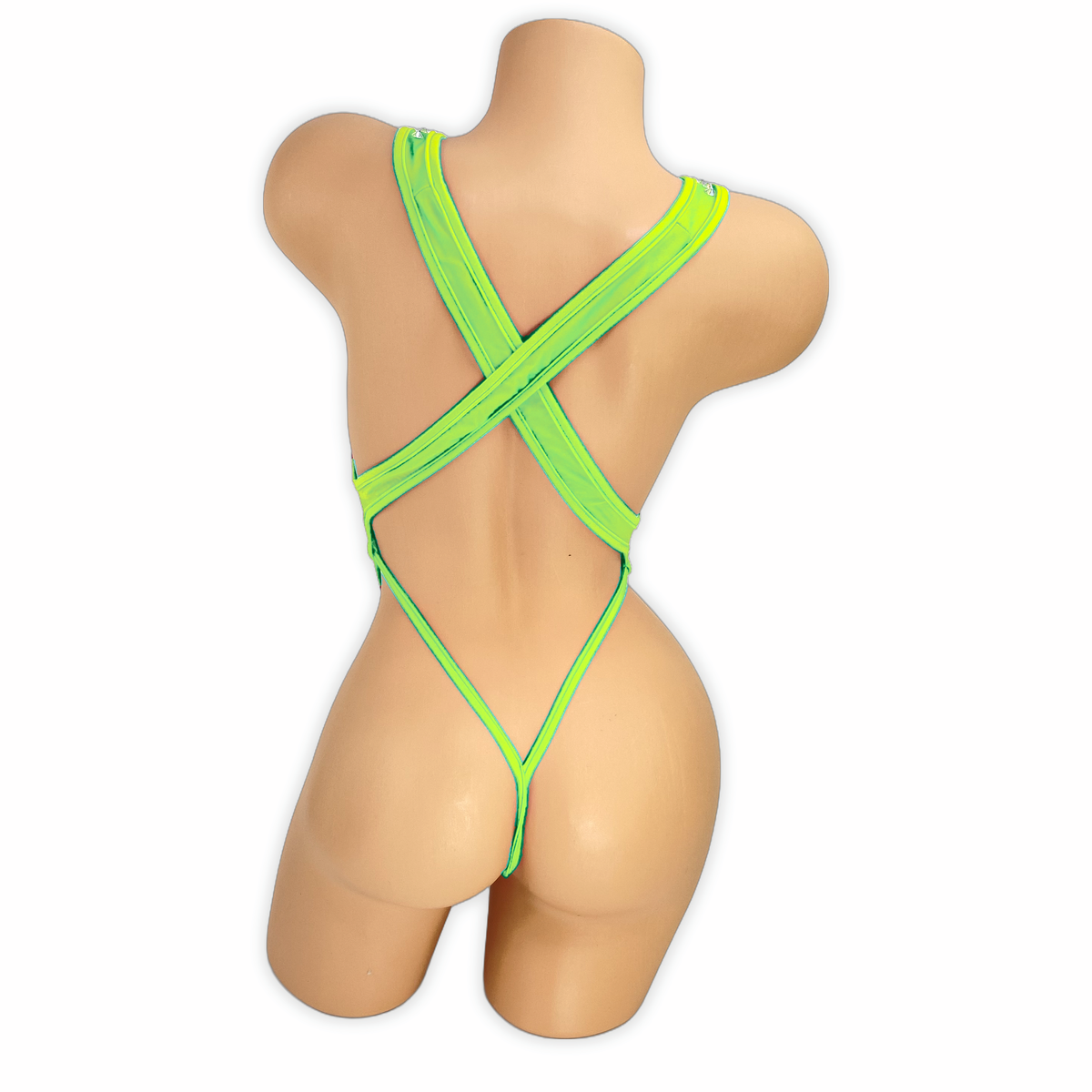 Neon Lime Paige rhinestone slingshot bodysuit, back view showing criss-cross straps and thong back