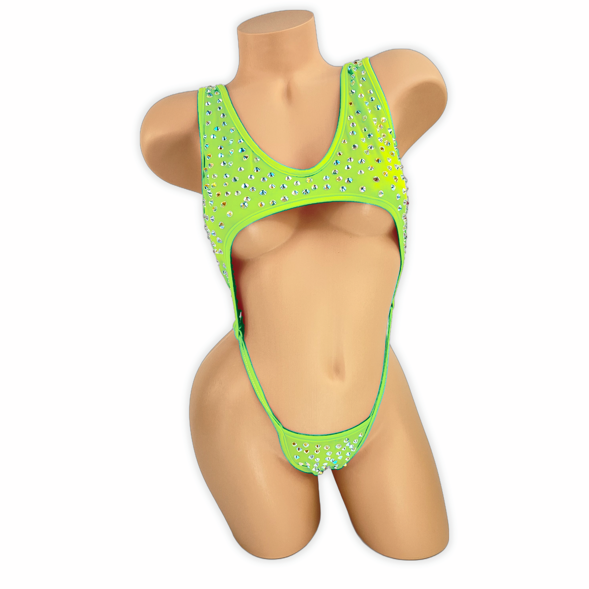 Neon Lime Paige rhinestone cutout slingshot bodysuit, front view on mannequin