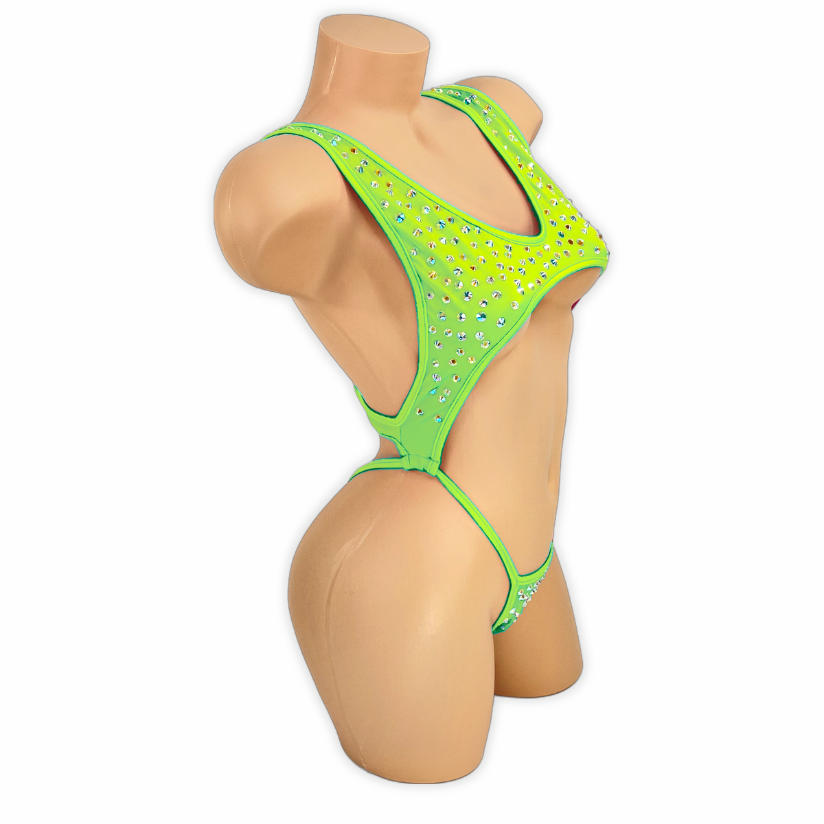 Neon Lime Paige rhinestone cutout slingshot bodysuit, side view on mannequin