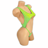 Neon Lime Paige rhinestone cutout slingshot bodysuit, side view on mannequin