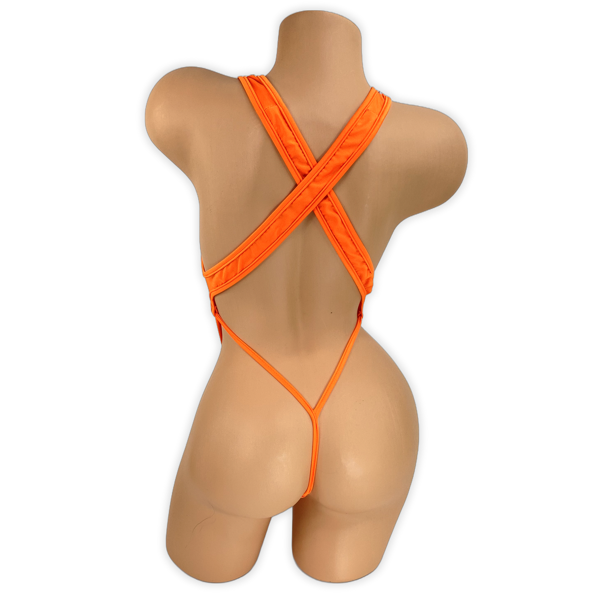 Neon Orange Paige rhinestone slingshot bodysuit, back view showing criss-cross straps and thong back