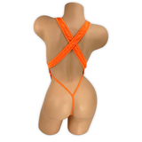 Neon Orange Paige rhinestone slingshot bodysuit, back view showing criss-cross straps and thong back