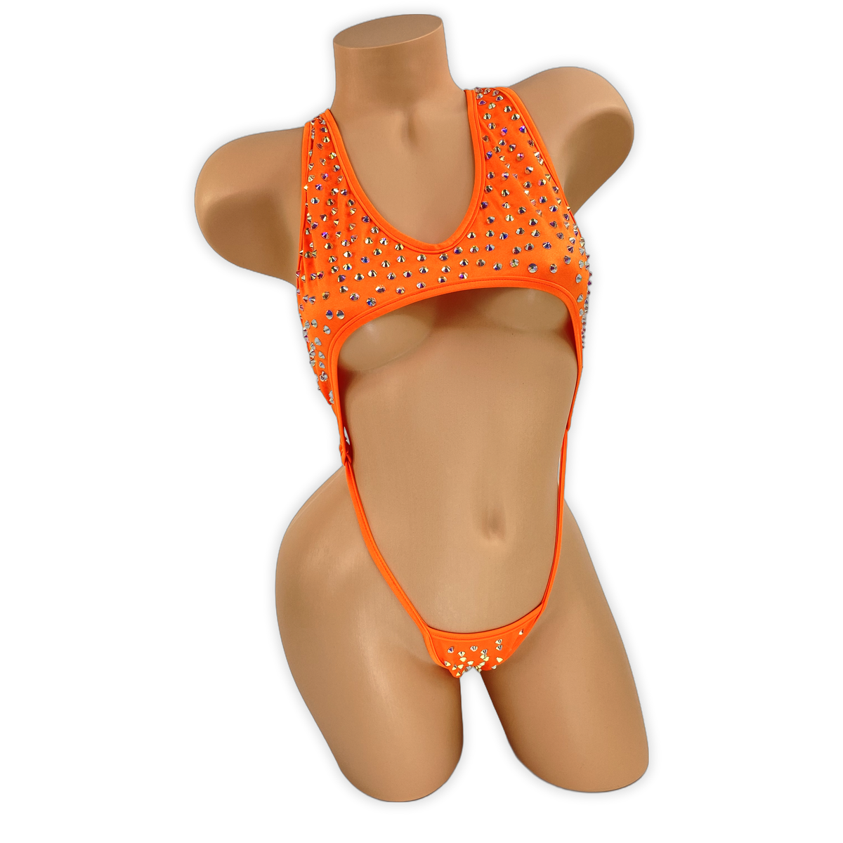 Neon Orange Paige rhinestone cutout slingshot bodysuit, front view on mannequin