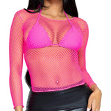 Close-up front view of neon pink long sleeve industrial net top - Golddiggers Boutique