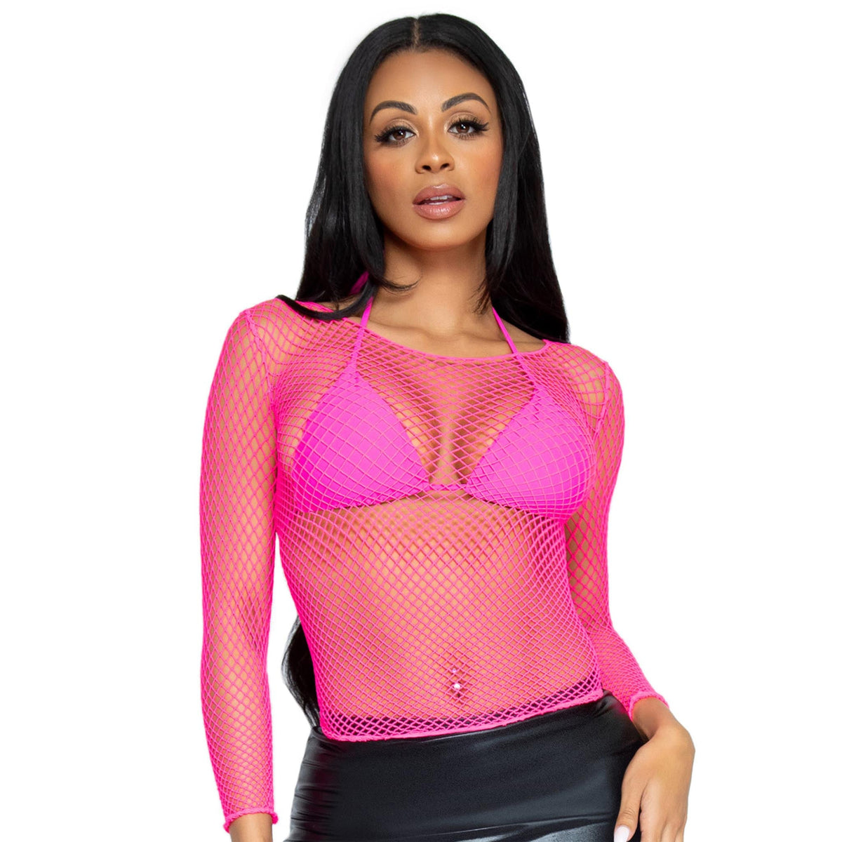 Close-up front view of neon pink long sleeve industrial net top - Golddiggers Boutique