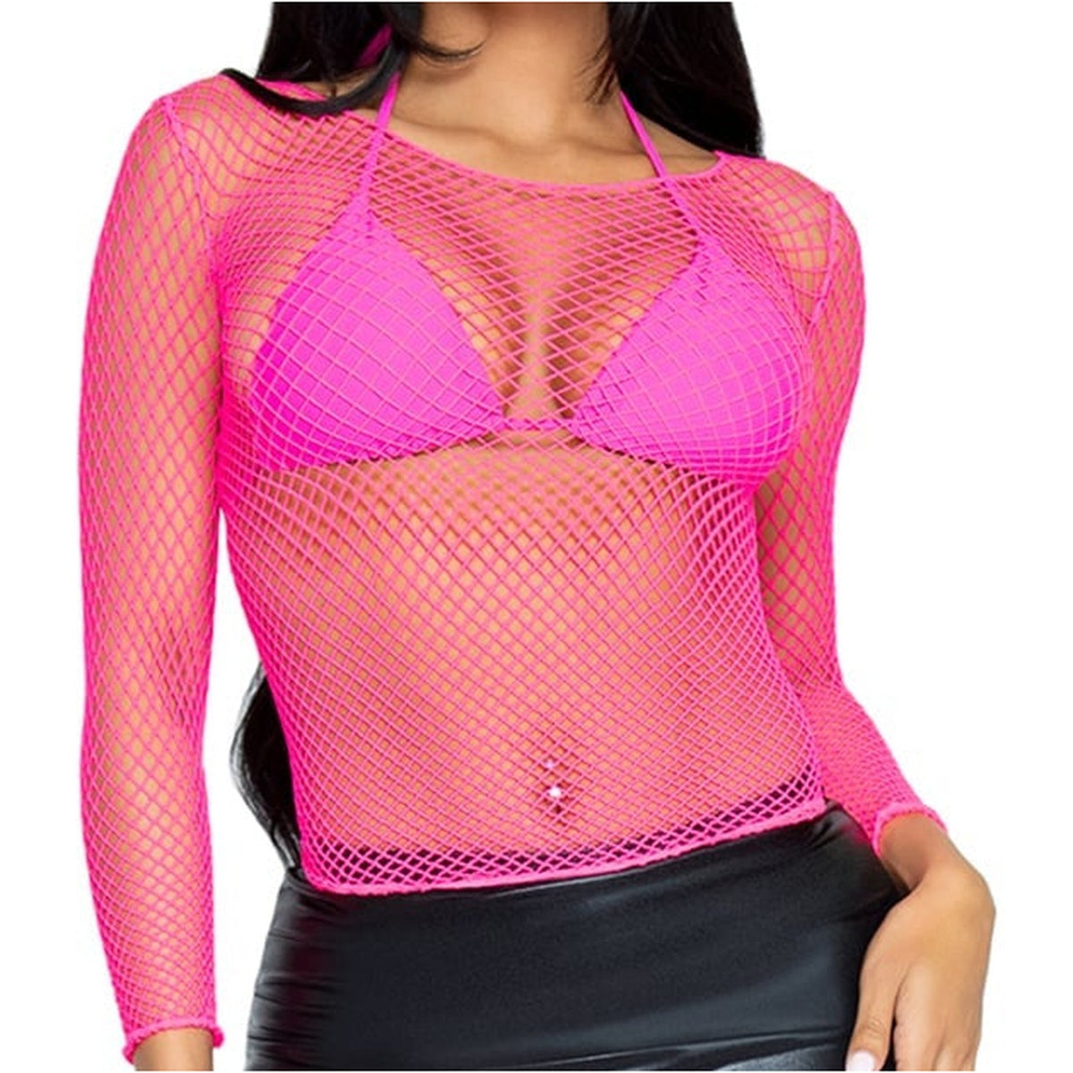 Front view of neon pink long sleeve industrial net top - Golddiggers Boutique