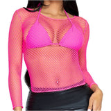 Front view of neon pink long sleeve industrial net top - Golddiggers Boutique