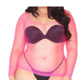 Close-up front view of neon pink long sleeve industrial net top in plus size - Golddiggers Boutique