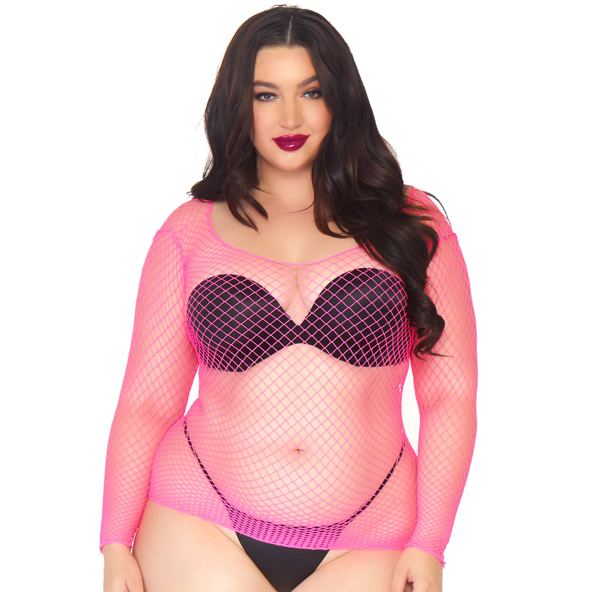Close-up front view of neon pink long sleeve industrial net top in plus size - Golddiggers Boutique