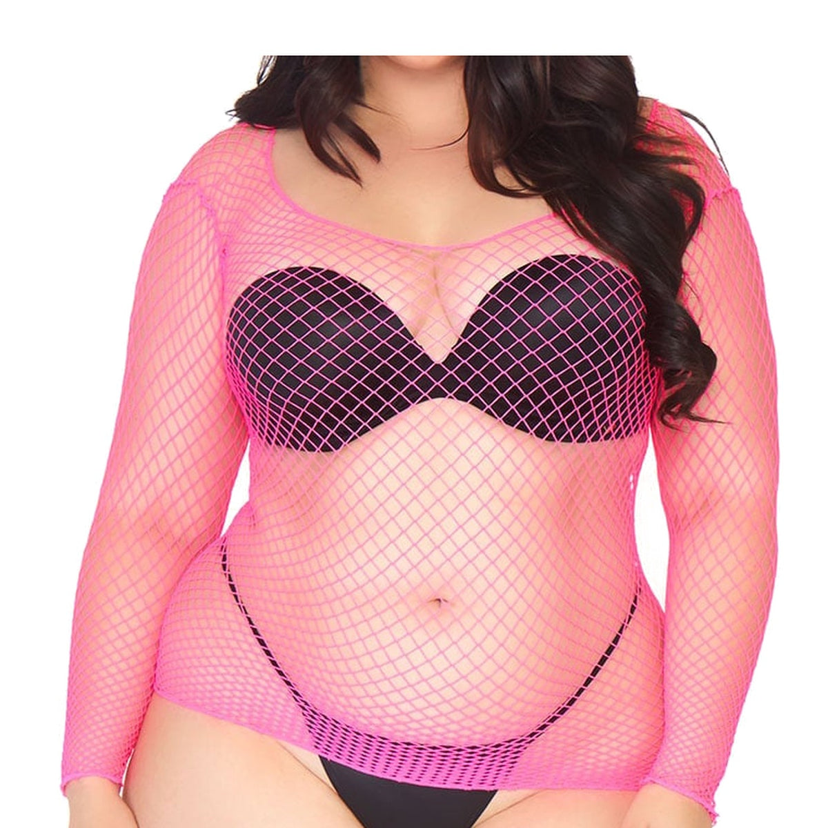 Front view of neon pink long sleeve industrial net top in plus size - Golddiggers Boutique