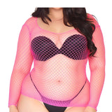 Front view of neon pink long sleeve industrial net top in plus size - Golddiggers Boutique